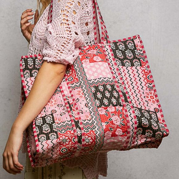 POL Pink Kantha quilted patchwork floral embroidered XL boho tote bag - Picture 2 of 4